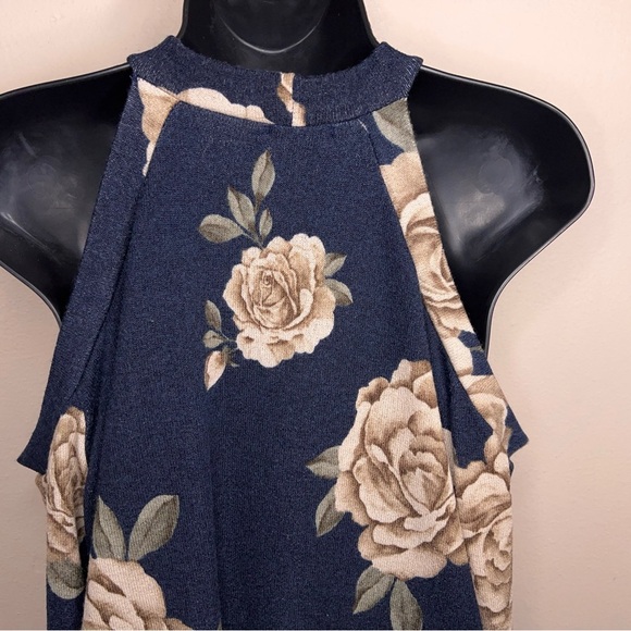 Large 143 Story Navy Blue Floral Knit Cold Shoulder Top Stretch High Neckline - Picture 9 of 12